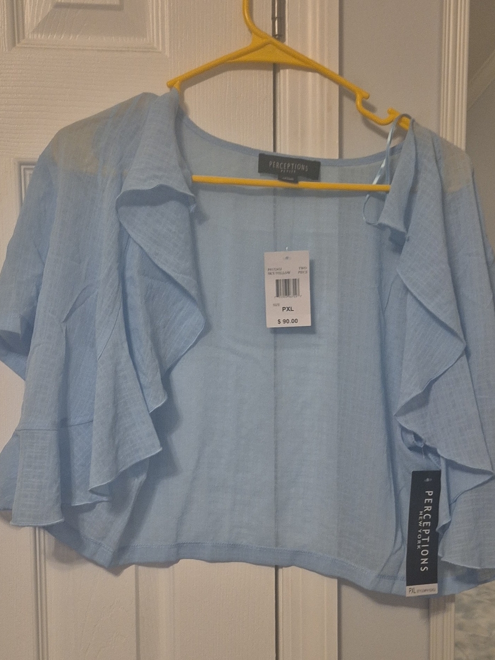 Perceptions Light Blue Ruffle Shrug